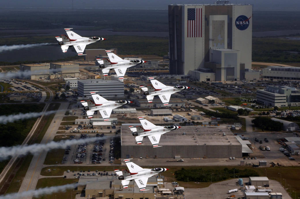 U.S. Air Force Thunderbirds flying by Kennedy Space Center